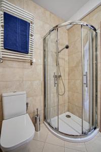 łazienka z toaletą i przeszklonym prysznicem w obiekcie Trendy Apartment Kochanowskiego Street w Krakowie
