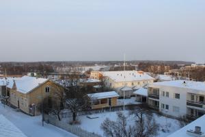 una ciudad con techos y edificios nevados en Slottsbädden en Tammisaari