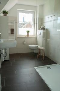 a bathroom with a sink and a toilet and a window at Haus Backbord in Zirchow