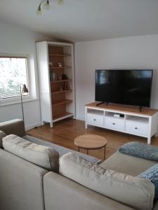 ein Wohnzimmer mit einem Sofa und einem Flachbild-TV in der Unterkunft Apartament w Dolinie Popradu in Piwniczna-Zdrój