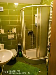 een badkamer met een douche, een toilet en een wastafel bij Apartman Kiss in Osijek