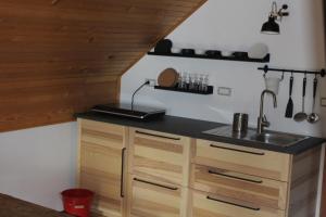 a kitchen with wooden cabinets and a sink at Holiday Home Winzerhaus Eva in Špičnik +20 photos