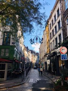 una calle adoquinada de piedra en una ciudad con edificios en Appartement Héloïse, le charme du Vieux-Lille, en Lille