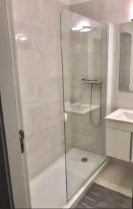La salle de bains est pourvue d'une douche avec une porte en verre. dans l'établissement Amazing flat in Madragoa, à Lisbonne