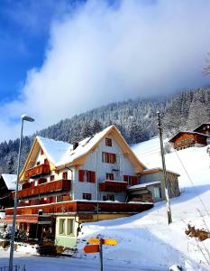 ein großes Gebäude im Schnee mit einem Berg in der Unterkunft Hotel Sterne in Beatenberg