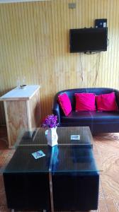 sala de estar con sofá y mesa con almohadas rosas en Tres de junio, en Puerto Montt
