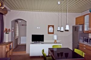 eine Küche mit einem Tisch mit Stühlen und einem Kühlschrank in der Unterkunft Parnassiko Guest House in Arachova