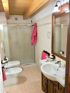 ein Bad mit einer Dusche, einem Waschbecken und einem WC in der Unterkunft Salento Soleluna in Matino