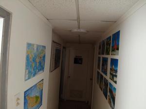 a hallway with posters and pictures on the walls at Hostel Room Aruba in Oranjestad