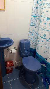 a bathroom with a blue toilet and a sink at Hotel La Avenida in Choachí