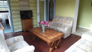 ein Wohnzimmer mit einem Tisch und einer Blumenvase darauf in der Unterkunft Blumenstein Ferienhaus in Kall