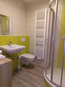 ein Badezimmer mit Waschbecken, Toilette und Dusche in der Unterkunft Ilka´s kleine Harmonie in Leipzig