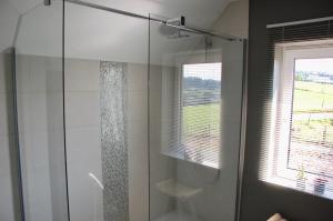 um chuveiro com uma porta de vidro na casa de banho em Bed & Cook em Aubel