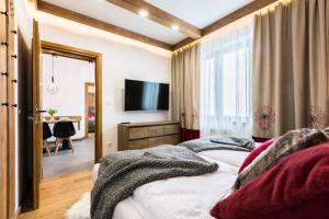 a bedroom with a bed and a flat screen tv at Apartamenty Tradycja in Zakopane