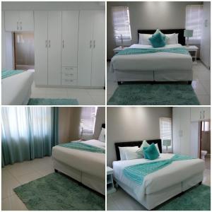 4 vistas diferentes a un dormitorio con 2 camas y una habitación en Shoes Guest House, en Mthatha