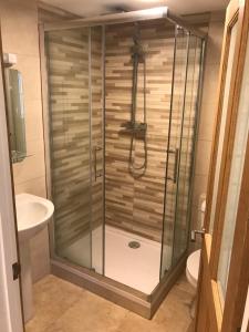 a shower in a bathroom with a toilet and a sink at The Stables @ The Old Vicarage in Pendeen