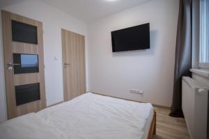 um quarto com uma cama e uma televisão de ecrã plano em Apartment Jenny em HoÅ¡Å¥ka