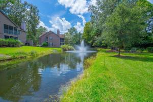 a small river in a yard with a building and trees at Southern Sophistication at the Park in Charleston