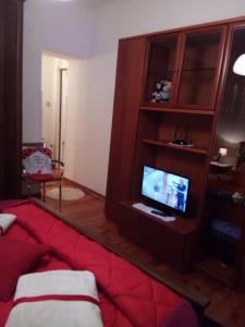 salon z czerwoną kanapą i telewizorem w obiekcie Casa Vacanze Poison w Trieście