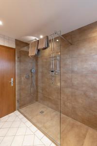 バート・グリースバッハにあるFerienwohnung Lexのバスルーム(ガラスドア付きのシャワー付)