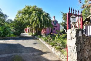 a street with a pink house and a lamp on a wall at Finca Madroñal with Pool in Gran Canaria in Santa Brígida