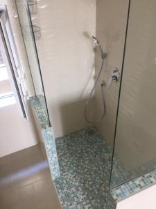 baño con ducha y puerta de cristal en Apartments Soline, en Drasnice