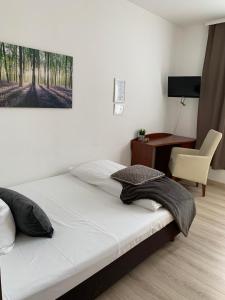 Schlafzimmer mit einem Bett, einem Schreibtisch und einem Stuhl in der Unterkunft Hotel zum Adler in Bad Homburg vor der Höhe