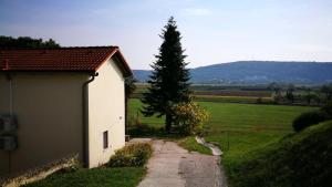 un pequeño edificio blanco con un árbol al lado de un campo en Quiet getaway house en Sečovlje