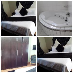 Quatre photos d'une chambre avec une baignoire et un lit dans l'établissement Shoes Guest House, à Mthatha