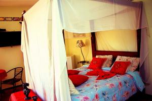 1 dormitorio con cama con dosel y almohadas rojas en Pousada al Castello di Giulietta e Romeo, en Pirenópolis