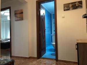 un bagno con wc e porta a vetri di Center Apartment a Galaţi Altre 51 foto