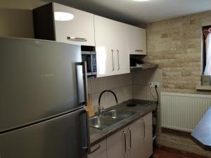 a small kitchen with a sink and a refrigerator at Willa Klaudia Ustroń Centrum in Ustroń