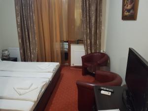 a room with a bed and a chair and a television at Extra Jezero rooms in Palić