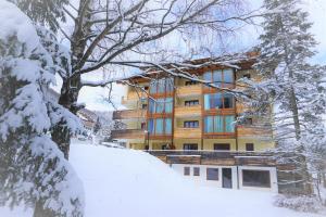 budynek na śniegu z drzewami pokrytymi śniegiem w obiekcie Rosie | Design | Chalet w mieście Bad Kleinkirchheim