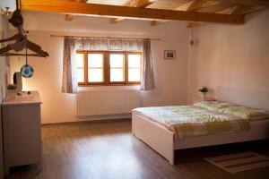 ein Schlafzimmer mit einem Bett und einem Fenster in der Unterkunft Pension Špejchar u Vojty in Holašovice