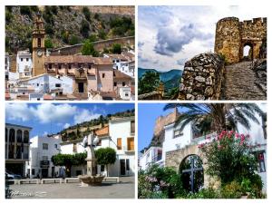 a collage of photos with buildings and a clock tower at Casa Rural El Castillo in Chulilla