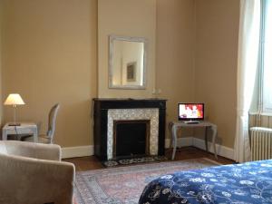 a living room with a fireplace and a mirror at Château des Grandes Vignes in Preignac