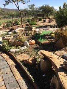 einen Garten mit einem Teich, Kürbissen und einer Bank in der Unterkunft Windhoek Rural Self Catering in Voigtland