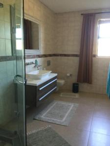 a bathroom with a sink and a shower and a toilet at Windhoek Rural Self Catering in Voigtland