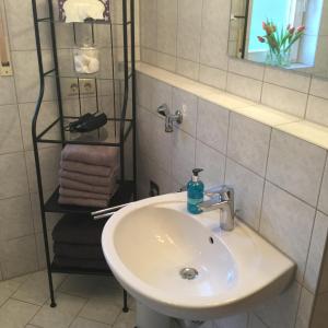 a bathroom with a sink and a shelf with towels at Appartement 29/1 in Schwäbisch Hall +17 photos