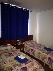 タサコルテにあるVivienda vacacional Tazacorte Céntricoの青いカーテン付きの客室内のベッド2台