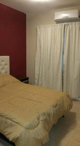 a bedroom with a bed and a window with white curtains at ALQUILER TEMPORARIO VILLA UNION in Villa Unión