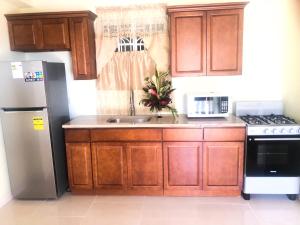 a kitchen with wooden cabinets and a stainless steel refrigerator at Calliandras Apartment Complex in Kingstown
