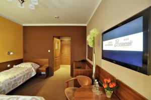 una camera d'albergo con una grande TV a schermo piatto di Hotel Baranowski a Słubice