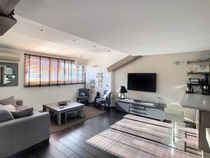 a living room with a couch and a tv at Appartement Loft Cannes in Cannes