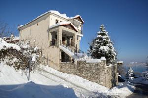 um edifício na neve com uma árvore de Natal em Anthemion em Neochori