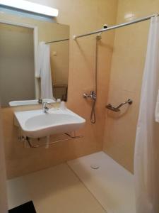 a bathroom with a sink and a shower stall at Hotel Turismo Miranda in Miranda do Douro