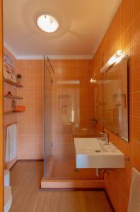 uma casa de banho com um lavatório e um chuveiro em River-side Villa em Vila Nova de Cerveira
