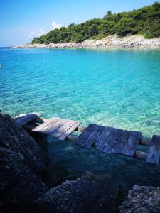 a wooden dock in the water next to a beach at Apartment Zekija in Barbat na Rabu
