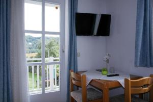 a room with a table and a large window at Ferienwohnungen Wassertheurer - Weitendorf in Sankt Kanzian